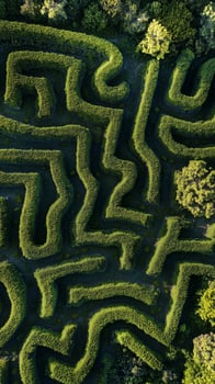Hedge mazes spread through gardens beside palace grounds in France , photorealistic photo