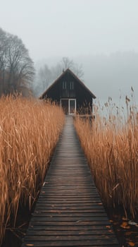 Reeds line shore toward boathouse on bank , photorealistic wallpaper photo