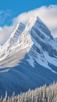Snow blankets mountain peaks against the winter sky , photorealistic photo