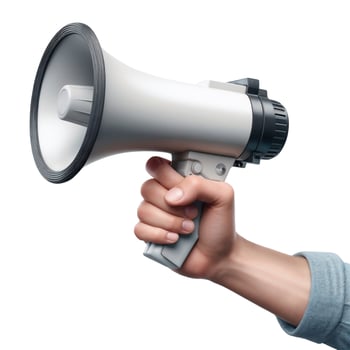 Hand holding a megaphone isolated on white background photo