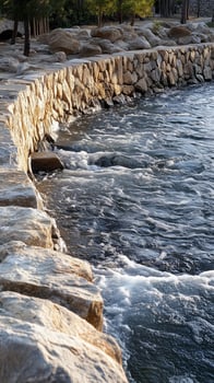 Stone wall containing river flow along a curved riverbank , photorealistic wallpaper photo