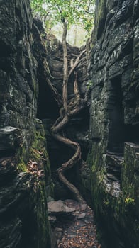 Vines twisting through ruins into caverns , photorealistic wallpaper photo