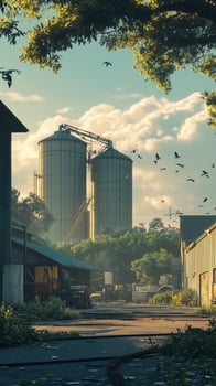 Grain silos tower over storage sheds near machine workshop, wallpaper art photo