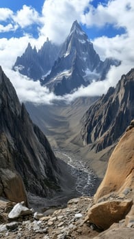 Peaks rise through cloud layers toward the sky in a mountain range, wallpaper art photo