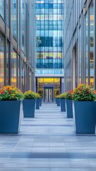 Planters lining walkways leading to building entrances, wallpaper photo