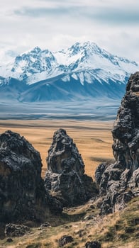 Rock formations stretch across plains toward mountains in background distance, wallpaper art photo