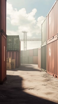 Shipping containers stacked between warehouse loading areas, wallpaper art photo