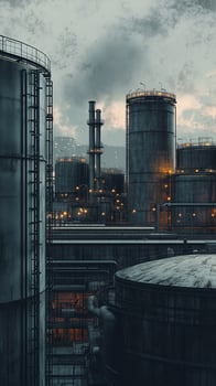 Storage tanks rising above factory rooftops, wallpaper art photo