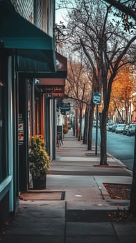 Storefronts lining sidewalks leading toward a visible intersection ahead, wallpaper art photo