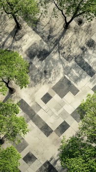 Trees arranged in patterns across plaza paving, wallpaper photo