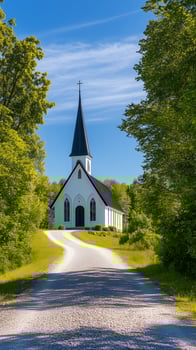 Church steeple emerges through tree branches beside gravel road, photorealistic wallpaper photo