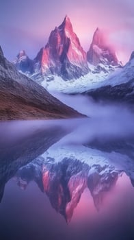 Lakes reflect mountain peaks through mist rising from the water surface, photorealistic wallpaper photo