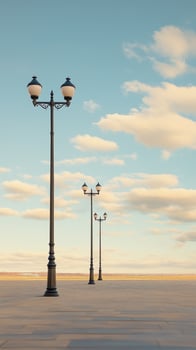 Light poles marking pathways through plaza area, photorealistic photo