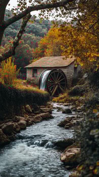Mill wheel turns beside stream with forest in background, photorealistic photo