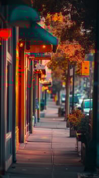 Storefronts lining sidewalks leading toward a visible intersection ahead, photorealistic wallpaper photo
