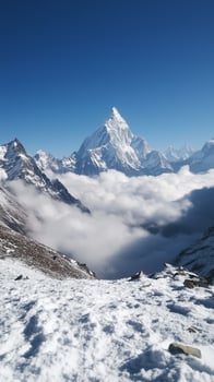 Summit pierces cloud cover above a mountain range backdrop, photorealistic photo
