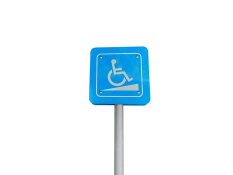 Blue sign with symbol of person sit on wheelchair. White background. Concept, Parking for disability persons sign. Service as privileges for handicap to park car at public park or gas station. photo