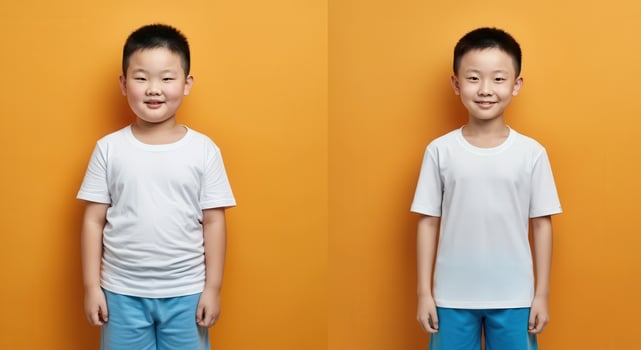 Twin boys smiling against bright orange background highlighting childhood and fashion photo