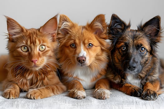 Domestic Companions Portrait of a Cat and Two Dogs on a Cozy Background photo