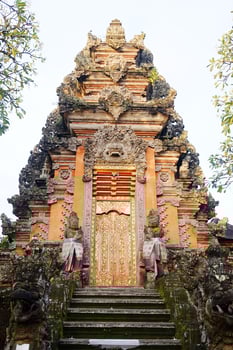 Ancient Pagoda of Portal von Taman Saraswati temple in Ubud city landmark on Bali Island of Indonesia. Travel destination for culture of Asian photo
