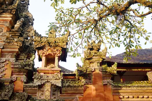 Ancient stone wall of Portal von Taman Saraswati temple in Ubud city landmark on Bali Island of Indonesia. Travel destination for culture of Asian photo
