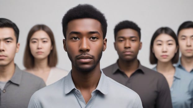 Close-up of a diverse group of people, focused on the African American man in the center. photo