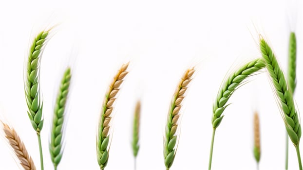 Close-up of green wheat stalks with white background. photo