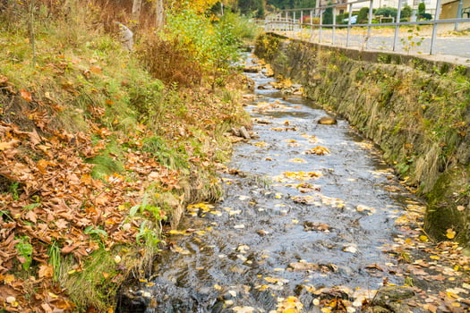 Stormy autumn waters cascade over rocks on a forest road surrounded. Harrachov photo