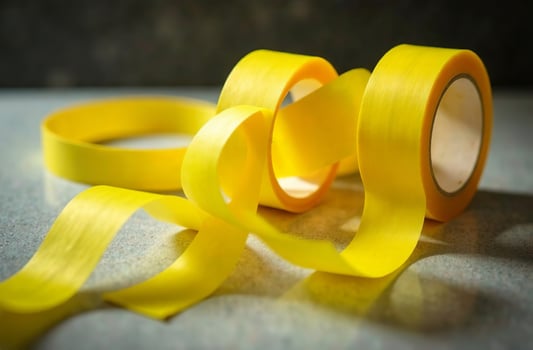 Yellow ribbon for packaging present, workplace desk in office photo