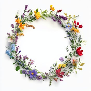 A beautifully vibrant spring floral round frame exquisitely decorated with multicolored wildflowers, making it perfect for crafting a cheerful and uplifting atmosphere for any occasion photo