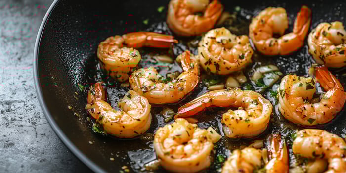 Close-up of shrimp scampi cooking in a skillet with garlic and butter, culinary photography photo