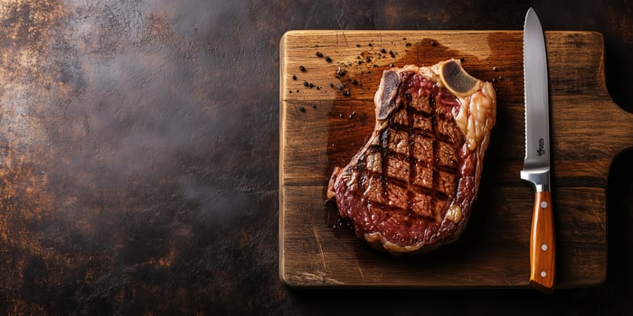 Ribeye steak resting on a wooden cutting board with a knife beside it, culinary photography photo