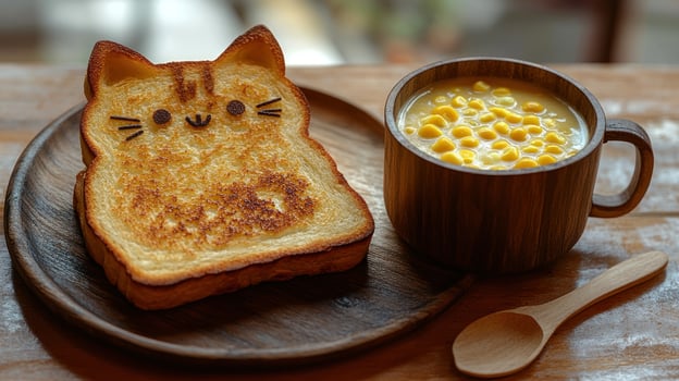 Cute cat-shaped toast served with corn soup in a cozy cafe setting photo