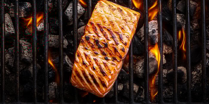 Salmon fillet on a hot grill with grill marks and coals underneath, meal photography photo