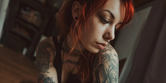 Interior selfie of tattooed woman with red hair, shot on low camera quality phone, concept of Abstract expressionism photo
