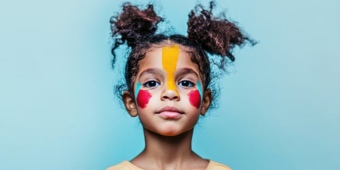 A joyful child with colorful face paint and playful hairstyle embodies festive childhood fun photo