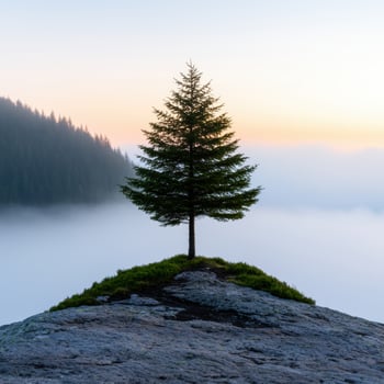 Lone pine tree on rocky outcrop overlooking misty lake photo