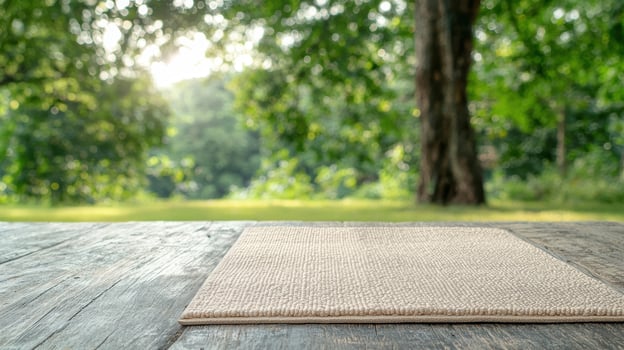 Peaceful outdoor scene with wooden table and lush greenery photo