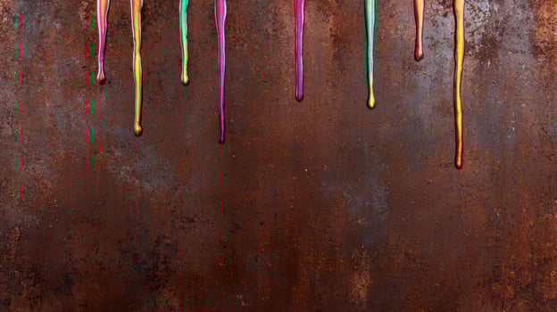 Colorful paint drips on rusty metal background photo