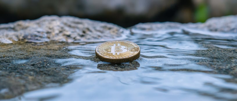 golden bitcoin coin on rocky surface with water photo