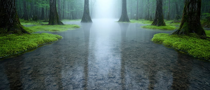 Serene forest landscape with mossy trees and still water photo