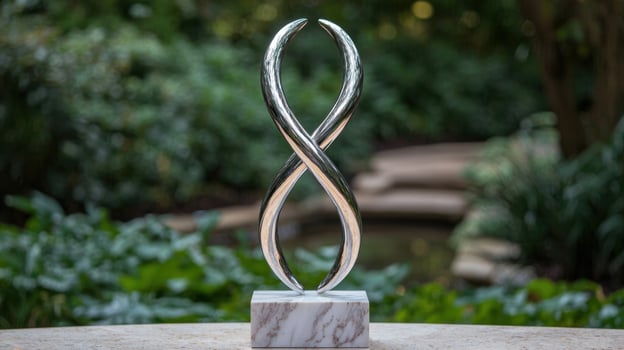 abstract chrome sculpture on marble pedestal photo
