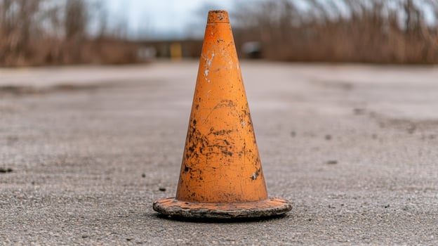 Weathered orange traffic cone on asphalt photo