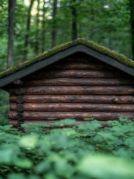Moss covered wooden cabin in lush forest photo