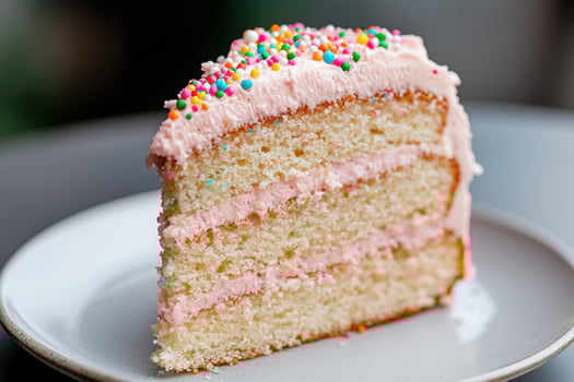 Colorful sprinkle topped cake slice on plate photo