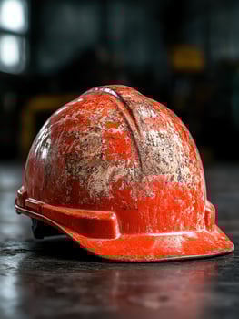 Weathered construction helmet on dark surface photo