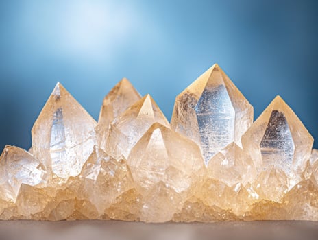 Cluster of natural quartz crystals against blue background photo