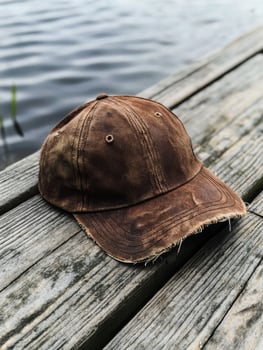 Weathered baseball cap on wooden dock photo
