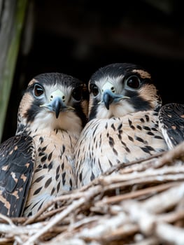Pair of adorable falcon chicks in a nest photo