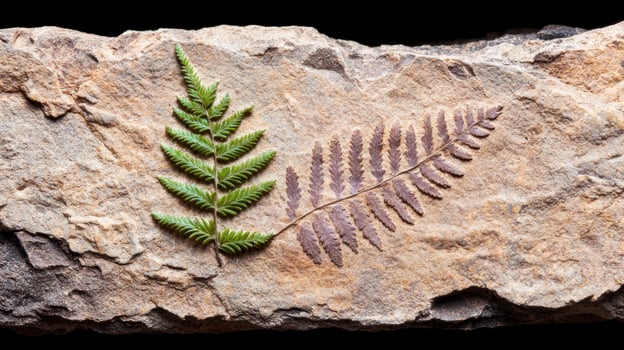 Fossilized fern leaves preserved in rock photo